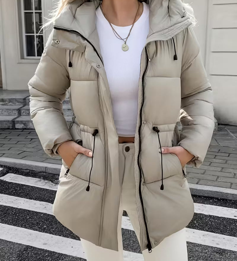 Abrigo acolchado largo con capucha para mujer, con cintura ajustable y bolsillos