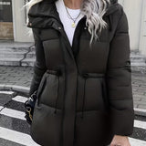 Abrigo acolchado largo con capucha para mujer, con cintura ajustable y bolsillos
