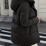 Abrigo acolchado largo con capucha para mujer, con cintura ajustable y bolsillos