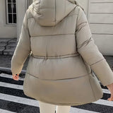 Abrigo acolchado largo con capucha para mujer, con cintura ajustable y bolsillos
