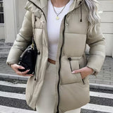 Abrigo acolchado largo con capucha para mujer, con cintura ajustable y bolsillos