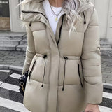Abrigo acolchado largo con capucha para mujer, con cintura ajustable y bolsillos