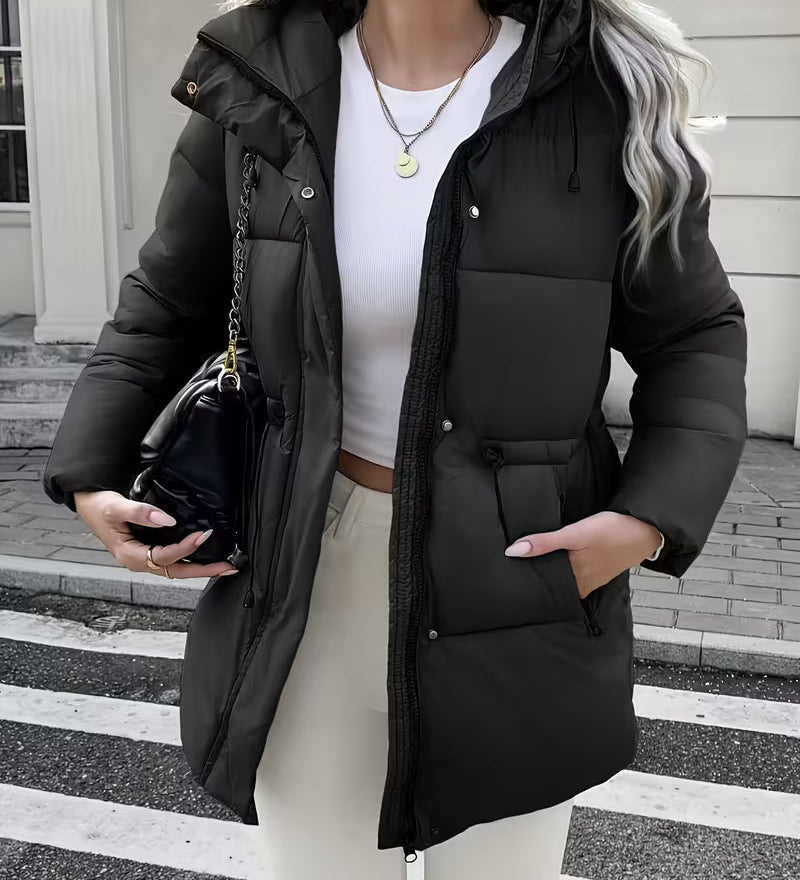 Abrigo acolchado largo con capucha para mujer, con cintura ajustable y bolsillos