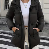 Abrigo acolchado largo con capucha para mujer, con cintura ajustable y bolsillos