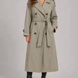 Abrigo Trench Largo para Mujer con Cinturón y Frente Doble Botonadura con Bolsillos
