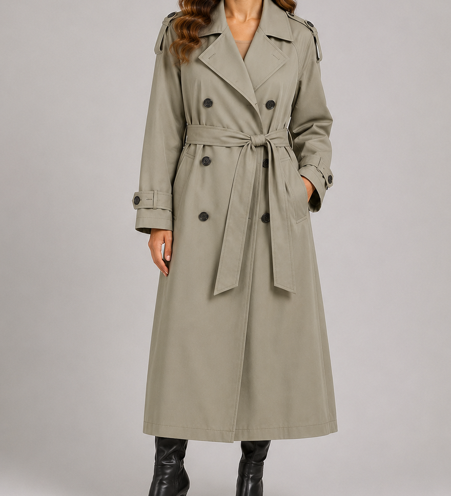 Abrigo Trench Largo para Mujer con Cinturón y Frente Doble Botonadura con Bolsillos