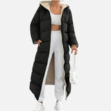 Abrigo de Puffer Largo con Capucha para Mujer con Forro de Sherpa y Cierre Frontal