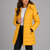 Chaqueta de Plumas Larga con Capucha para Mujer con Cierre Frontal y Bolsillos