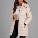 Chaqueta de Plumas Larga con Capucha para Mujer con Cierre Frontal y Bolsillos