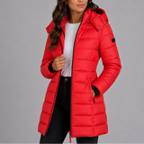 Chaqueta de Plumas Larga con Capucha para Mujer con Cierre Frontal y Bolsillos