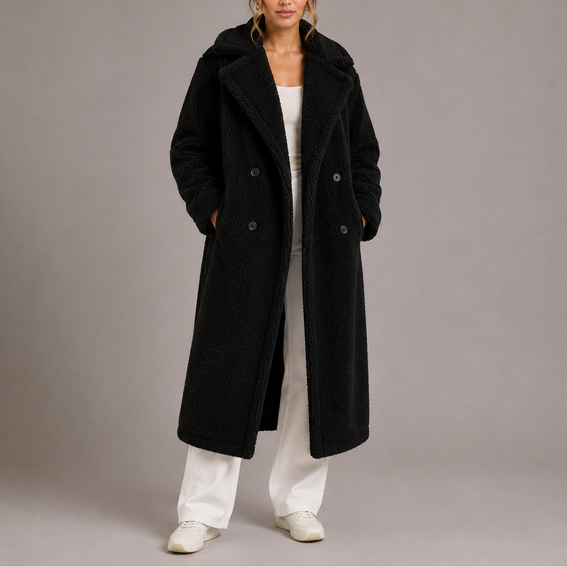 Abrigo de Fleece de Teddy Largo para Mujer con Frente Doble Botonadura