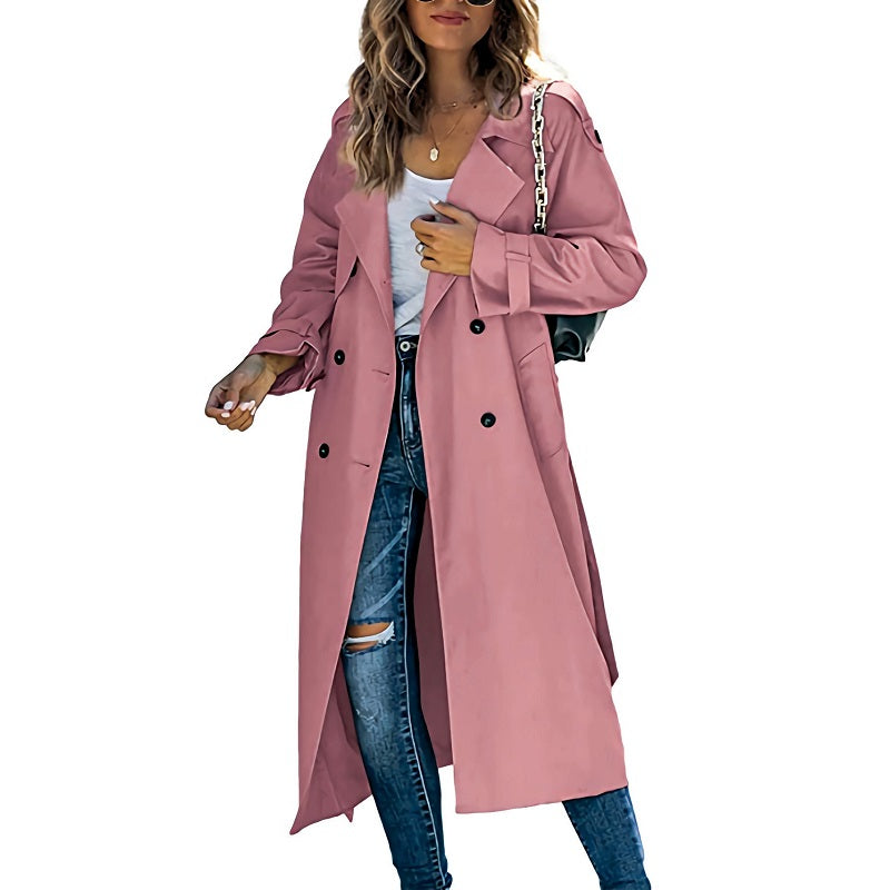 Abrigo Trench Largo Doble Botonadura para Mujer con Cuello de Solapa
