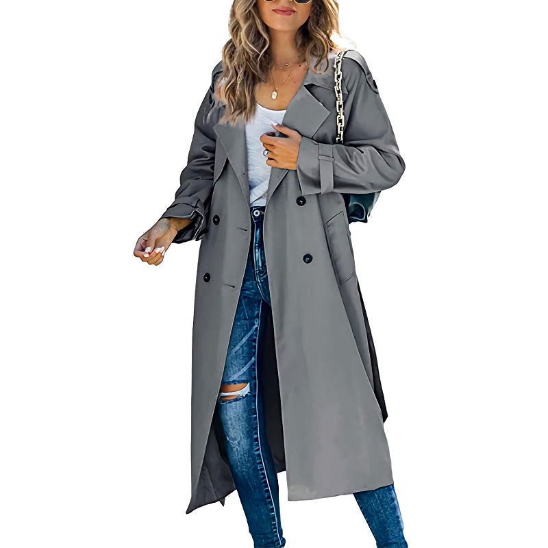 Abrigo Trench Largo Doble Botonadura para Mujer con Cuello de Solapa