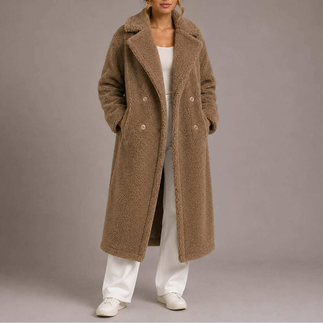 Abrigo de Teddy Largo para Mujer con Frente Doble Botonadura