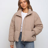 Chaqueta de Puffer Oversized para Mujer con Cuello Alto y Cremallera Frontal