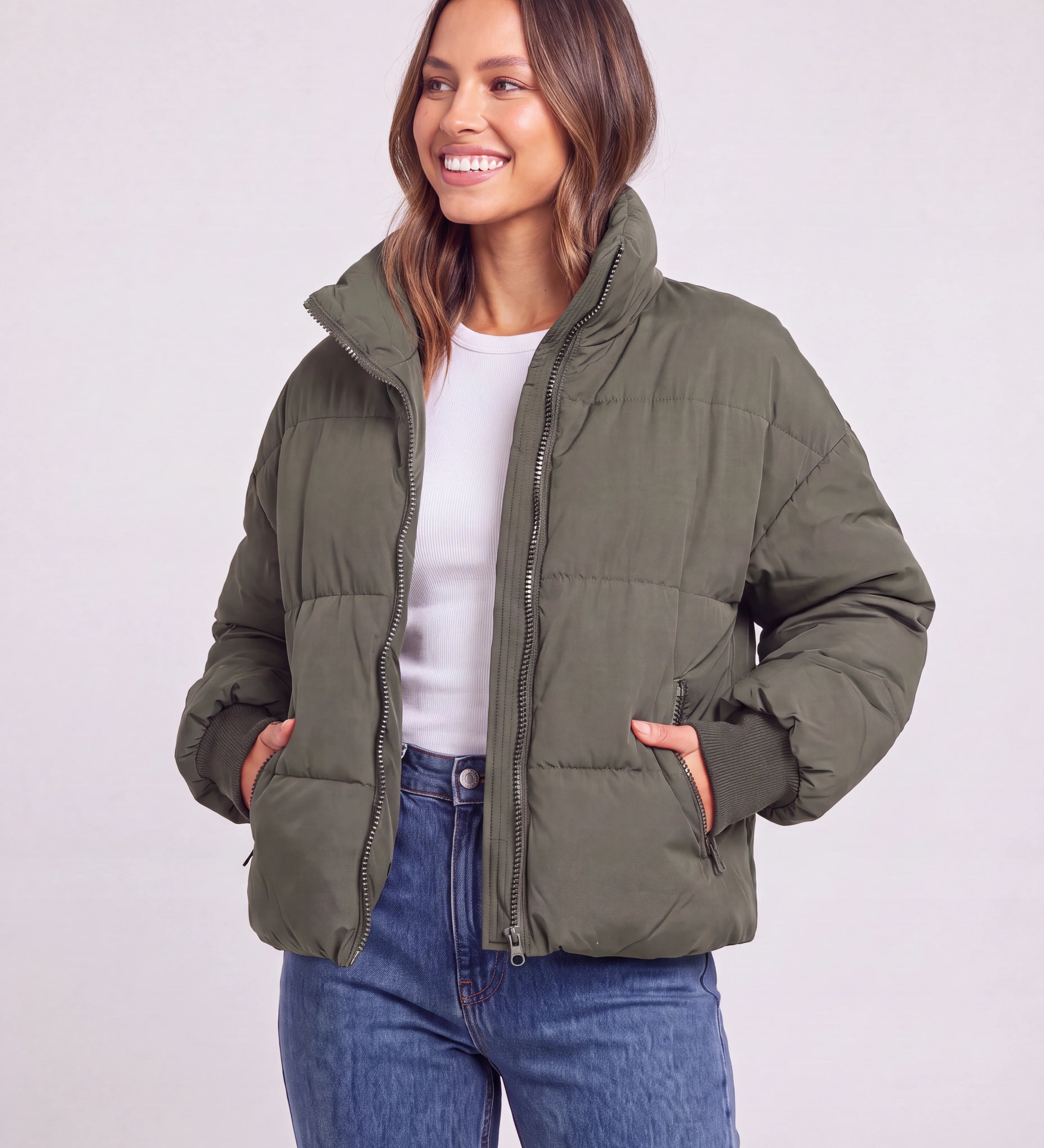 Chaqueta de Puffer Oversized para Mujer con Cuello Alto y Cremallera Frontal