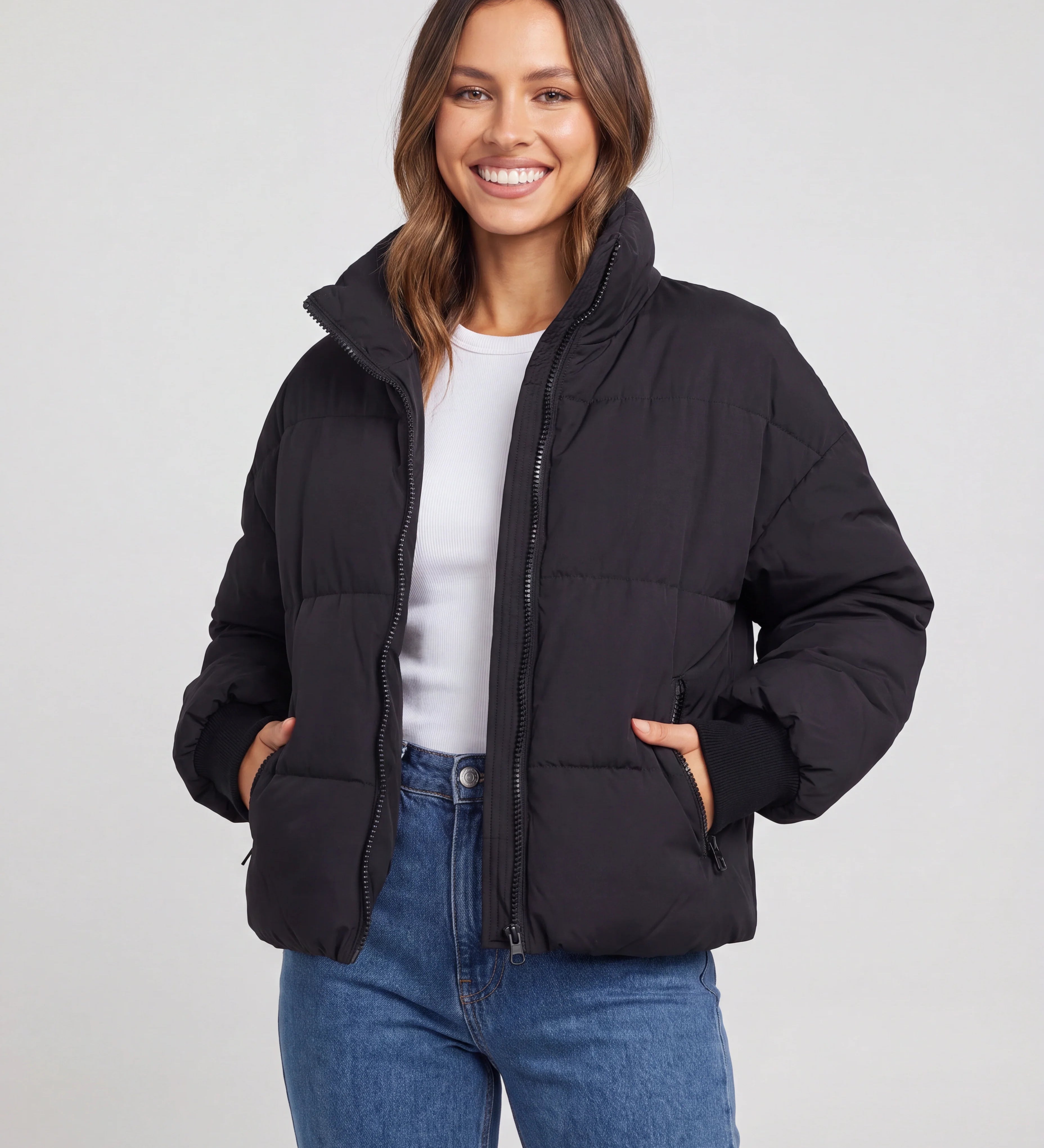 Chaqueta de Puffer Oversized para Mujer con Cuello Alto y Cremallera Frontal
