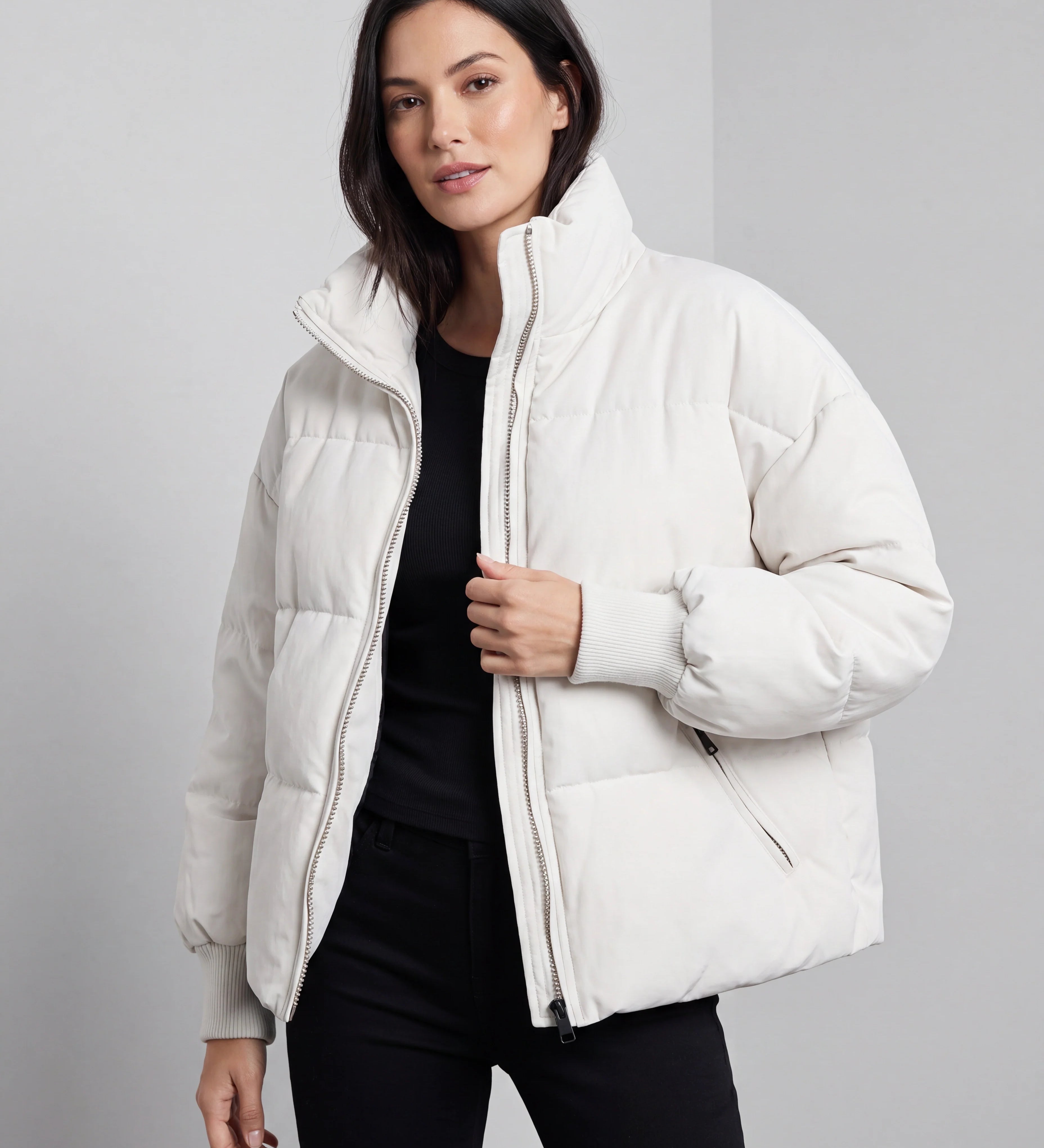 Chaqueta de Puffer Oversized para Mujer con Cuello Alto y Cremallera Frontal