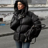 Chaqueta de Puffer Oversized Acolchada para Mujer con Capucha y Cierre Frontal
