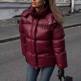 Chaqueta de Puffer Oversized Acolchada para Mujer con Capucha y Cierre Frontal