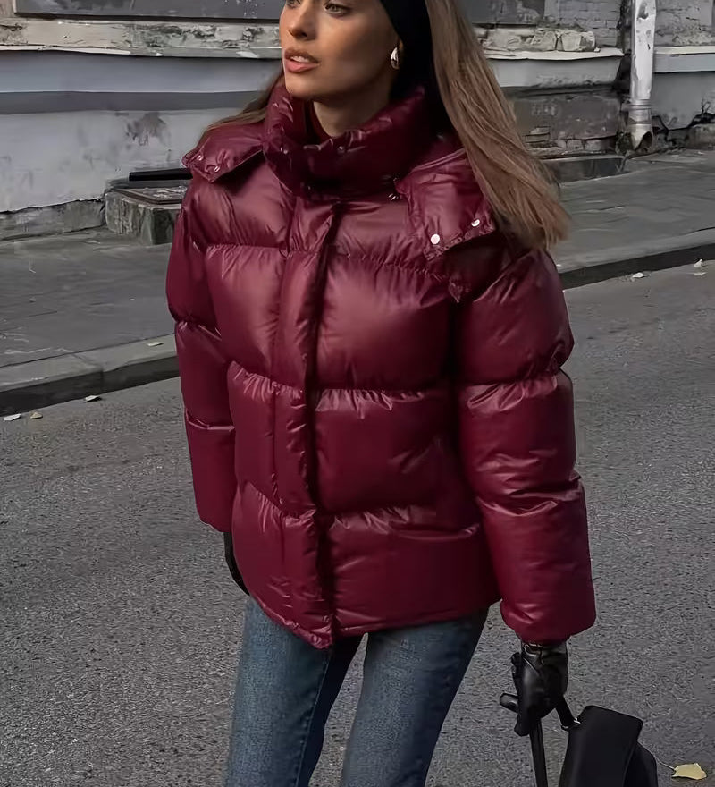 Chaqueta de Puffer Oversized Acolchada para Mujer con Capucha y Cierre Frontal