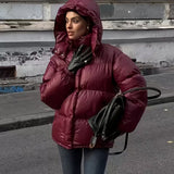 Chaqueta de Puffer Oversized Acolchada para Mujer con Capucha y Cierre Frontal
