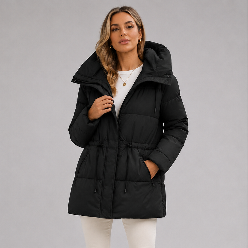 Abrigo acolchado para mujer con capucha y cintura ajustable