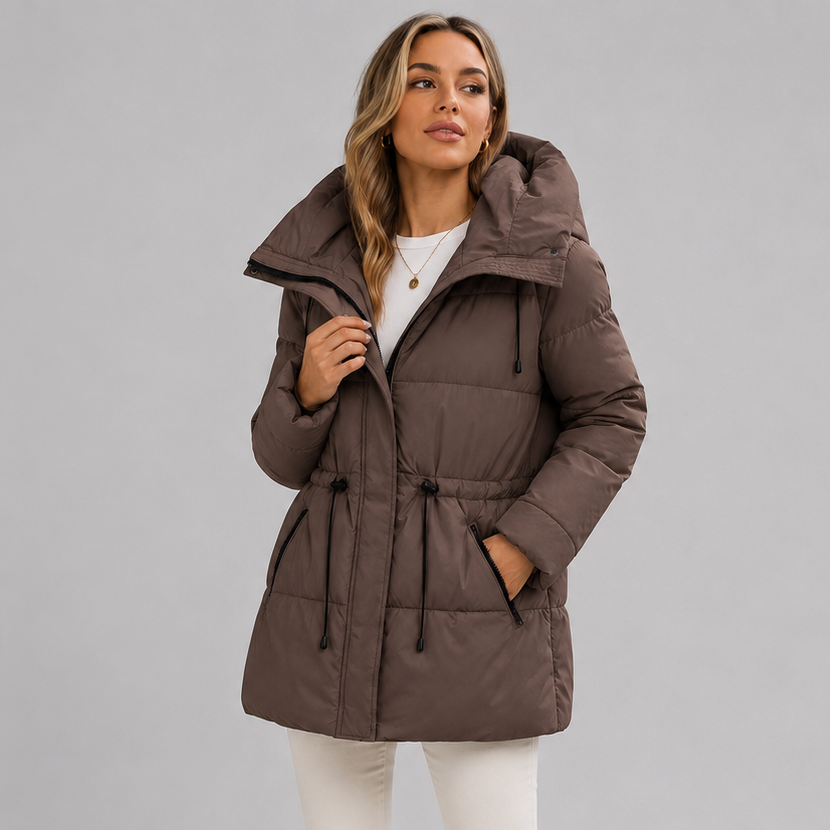 Abrigo acolchado para mujer con capucha y cintura ajustable