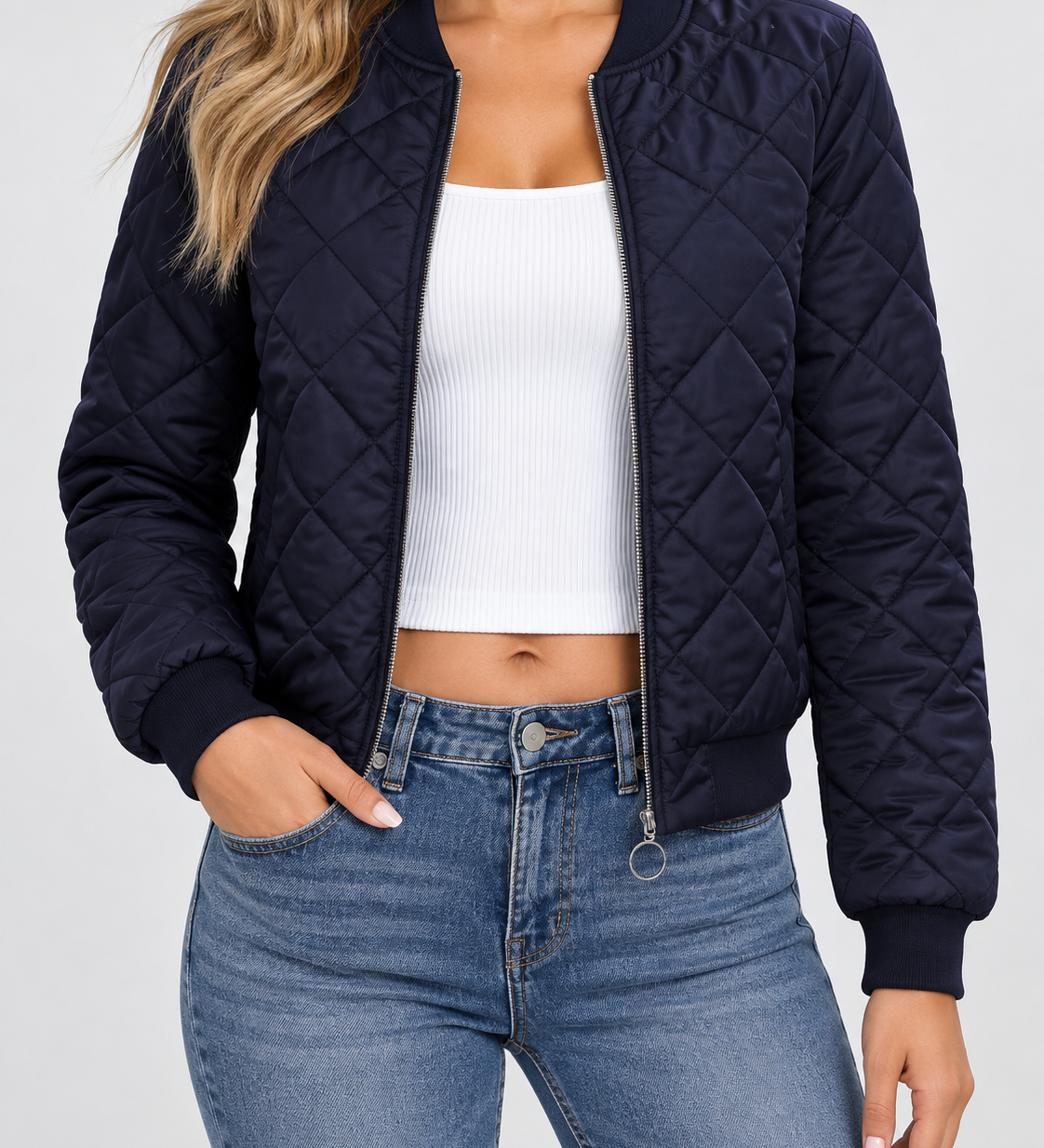 Chaqueta Bomber Acolchada para Mujer con Cierre Frontal y Cuello de Canalé