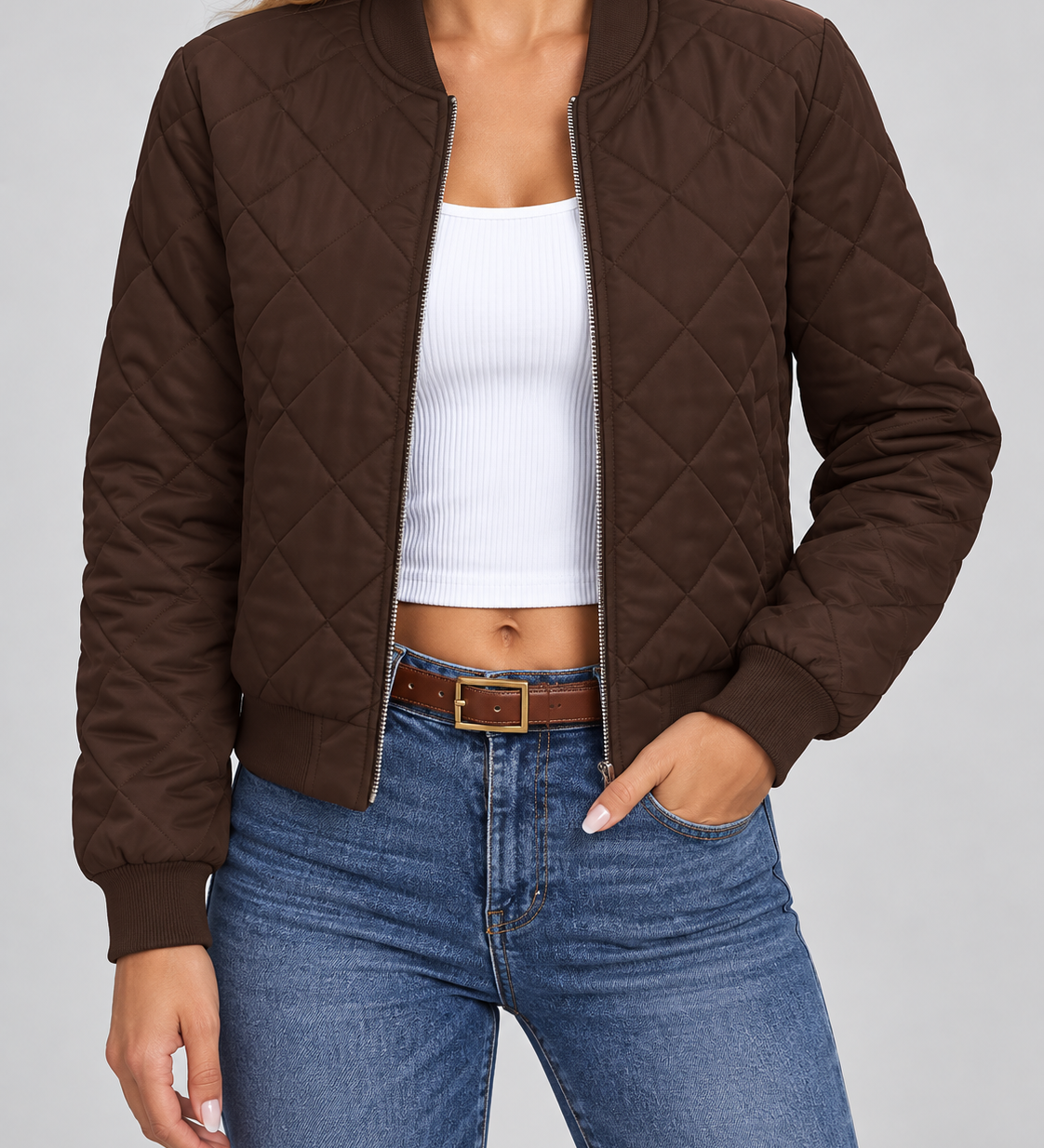 Chaqueta Bomber Acolchada para Mujer con Cierre Frontal y Cuello de Canalé